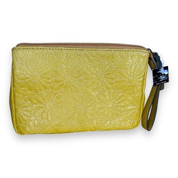 NEW AXCESS YELLOW MUSTARD FLORAL FAUX LEATHER BAG TRAVEL COSMETIC - Picture 1 of 8